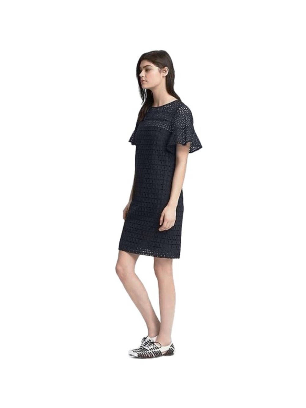 Banana Republic Dress Womens 0P Navy Eyelet Ruffle Sleeve Lace Shift MSRP $110